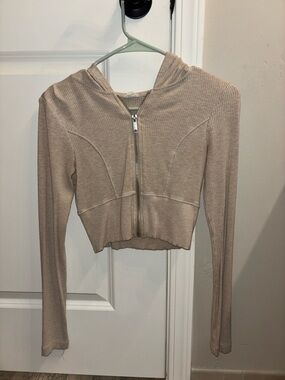Garage Beige Ribbed Cropped Zip-Up Hoodie